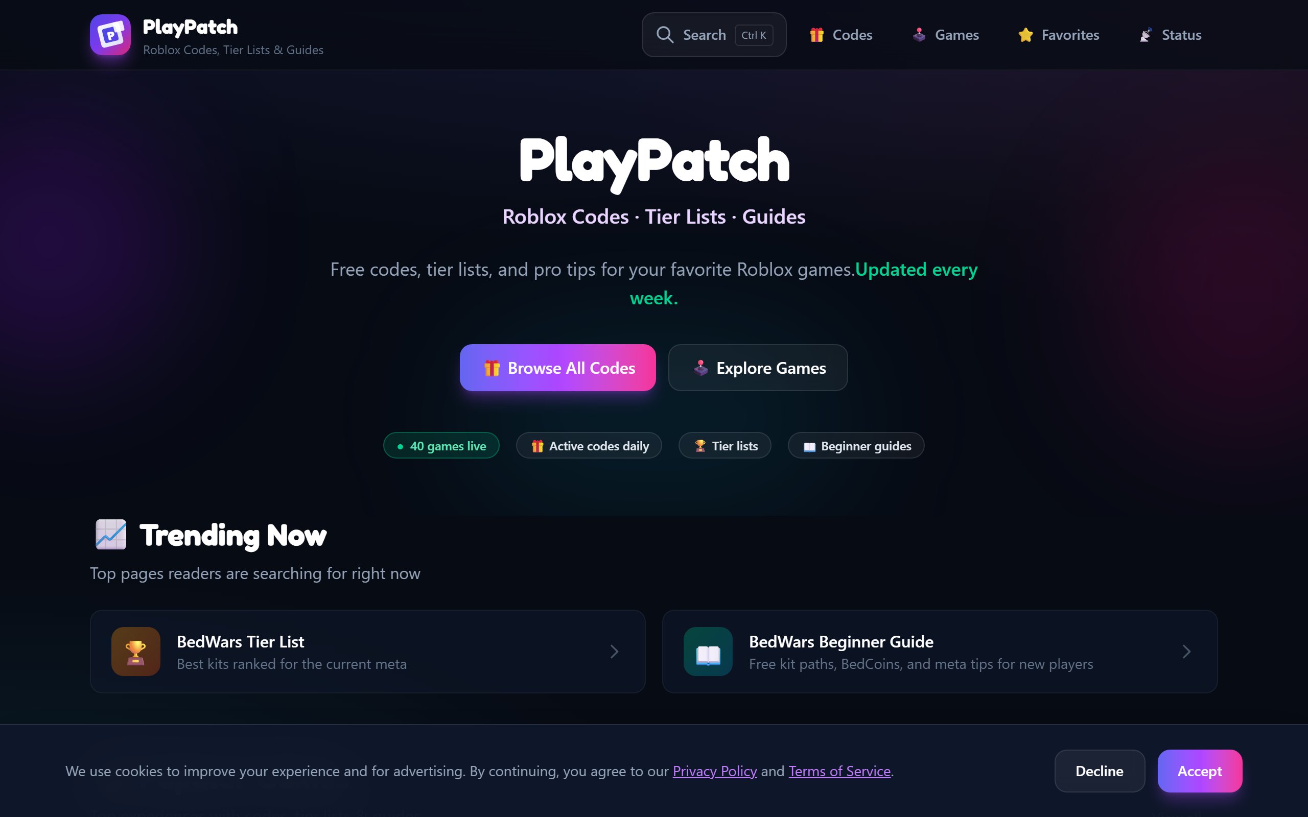 PlayPatch Roblox codes website homepage